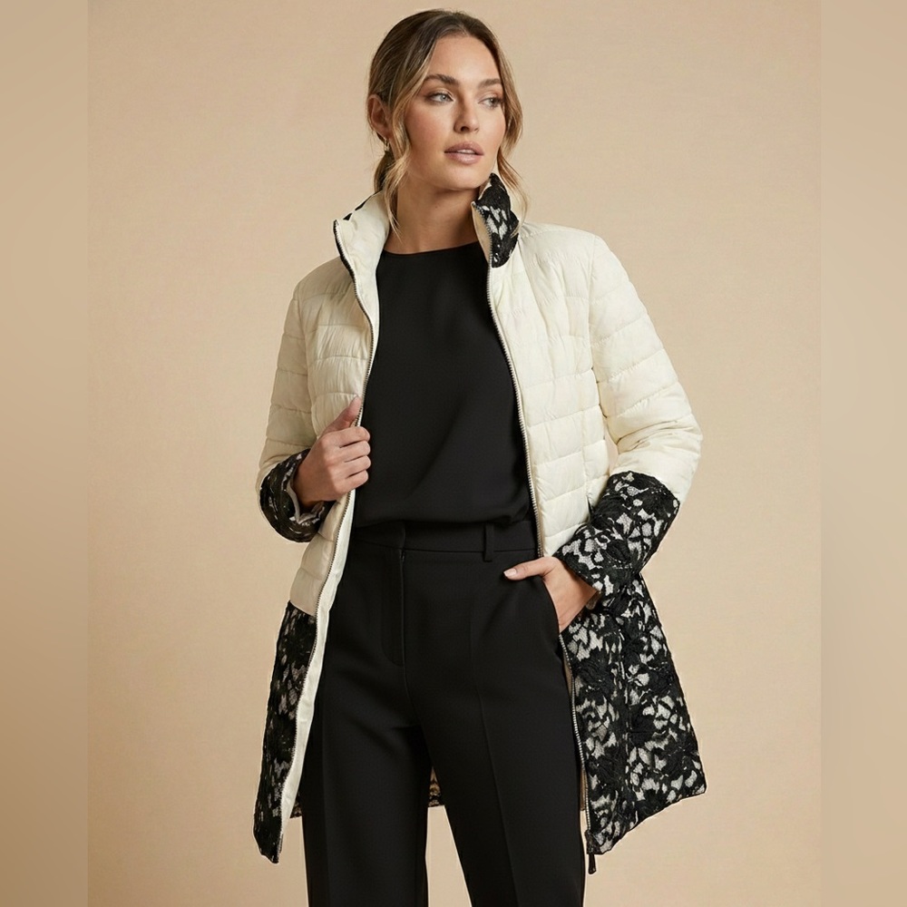 0297 - Katherine Barclay Cream and Black Lace Puffer Jacket
